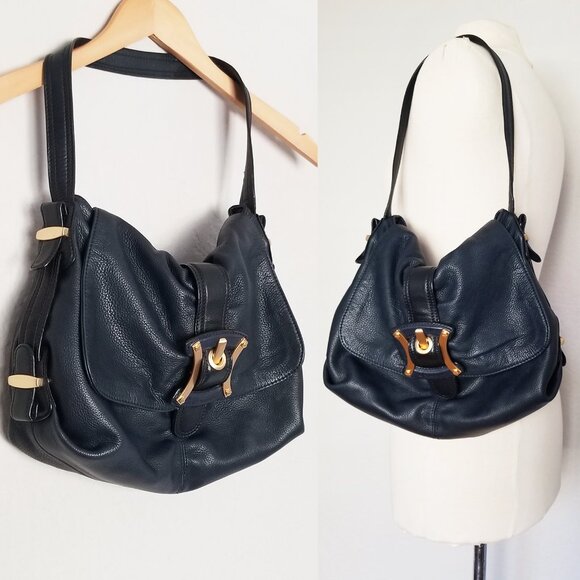 B. Makowsky Navy Blue Black Genuine Leather Shoulder Bag Gold Hardware Hobo Y2K - Picture 1 of 16